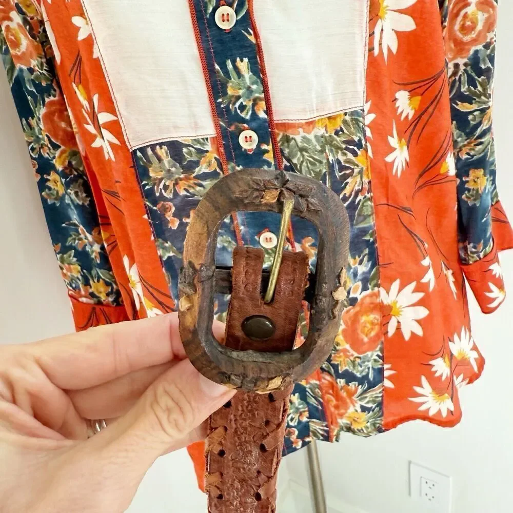Vintage Hand Made Tooled Brown Western Leather Belt Mexico Wood Buckle 26-30 Sm